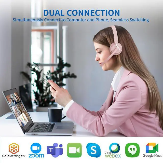 Alt view image 2 of 5 - awatrue Wireless Headset with Mic, Bluetooth Headset with AI Noise Cancelling Microphone & Charging Base, 2.4GHz Wireless Headphones with USB Dongle for Computer/Remote Work/Call Center/ZoomPink