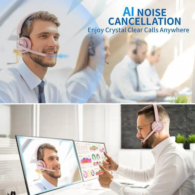 Alt view image 5 of 5 - awatrue Wireless Headset with Mic, Bluetooth Headset with AI Noise Cancelling Microphone & Charging Base, 2.4GHz Wireless Headphones with USB Dongle for Computer/Remote Work/Call Center/ZoomPink