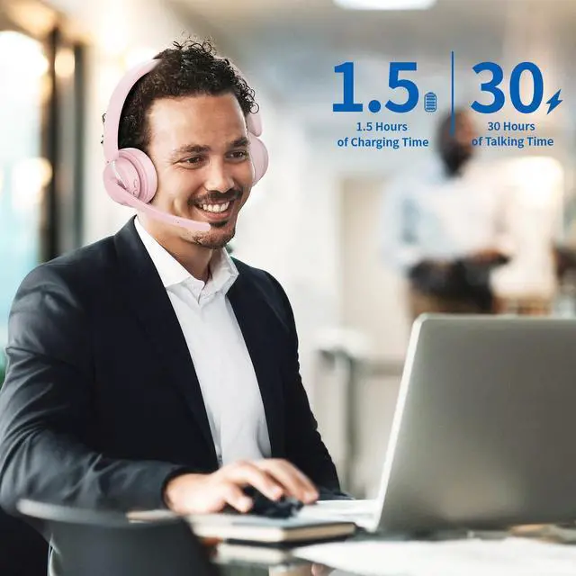 Alt view image 4 of 5 - awatrue Wireless Headset with Mic, Bluetooth Headset with AI Noise Cancelling Microphone & Charging Base, 2.4GHz Wireless Headphones with USB Dongle for Computer/Remote Work/Call Center/ZoomPink