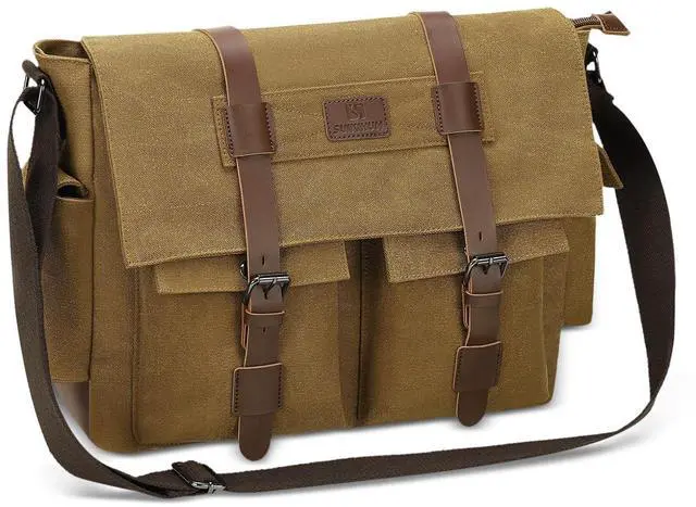 Main image of SUIKIHUM Canvas Crossbody Bag for Men and Women, Vintage Shoulder Bag with Multiple Pockets and Adjustable Strap, Fits 13 Inch Laptops, Coffee