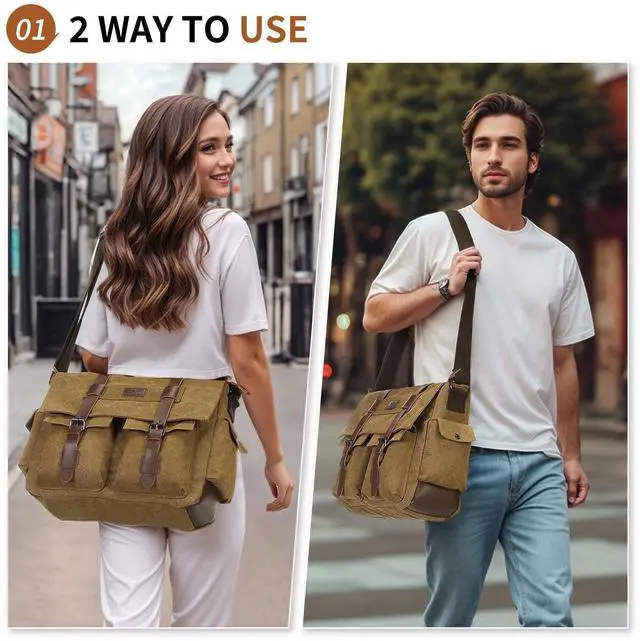 Alt view image 2 of 5 - SUIKIHUM Canvas Crossbody Bag for Men and Women, Vintage Shoulder Bag with Multiple Pockets and Adjustable Strap, Fits 13 Inch Laptops, Coffee