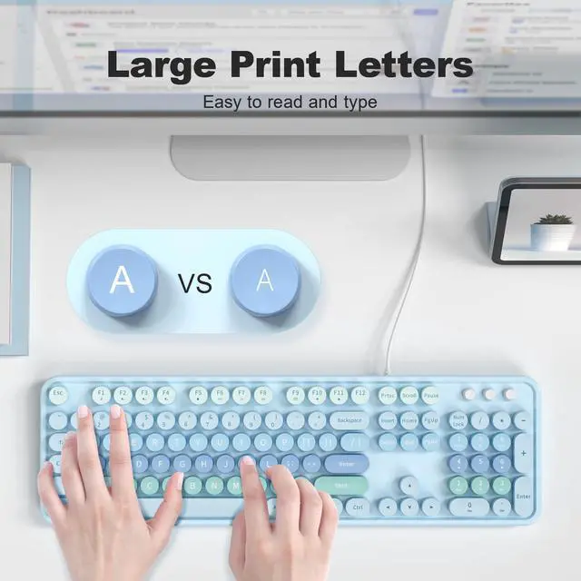 Alt view image 2 of 5 - MOFII Keyboard Wired Large Print, Computer Keyboard Plug Play, Colorful Retro Round Typewriter Keyboard with Numeric Keypad and Media Hotkey for Windows PC Laptop (Pale Blue)