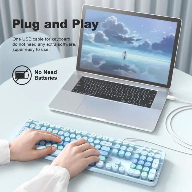 Alt view image 3 of 5 - MOFII Keyboard Wired Large Print, Computer Keyboard Plug Play, Colorful Retro Round Typewriter Keyboard with Numeric Keypad and Media Hotkey for Windows PC Laptop (Pale Blue)