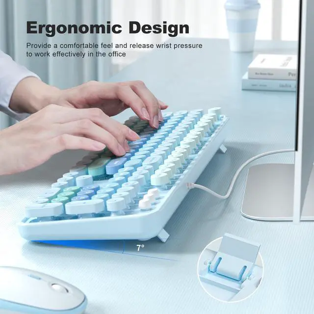Alt view image 4 of 5 - MOFII Keyboard Wired Large Print, Computer Keyboard Plug Play, Colorful Retro Round Typewriter Keyboard with Numeric Keypad and Media Hotkey for Windows PC Laptop (Pale Blue)