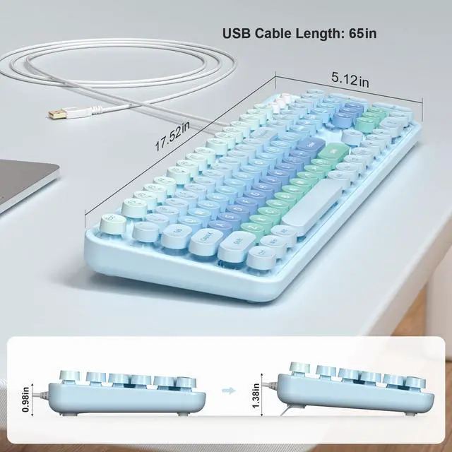 Alt view image 5 of 5 - MOFII Keyboard Wired Large Print, Computer Keyboard Plug Play, Colorful Retro Round Typewriter Keyboard with Numeric Keypad and Media Hotkey for Windows PC Laptop (Pale Blue)