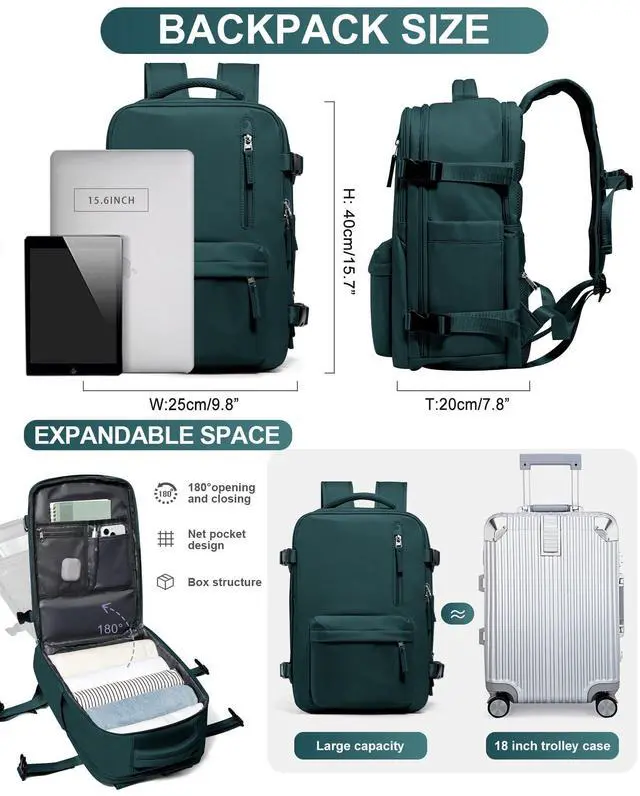 Alt view image 3 of 5 - Travel Backpack Women,Carry On Backpack Flight Approved 18x14x8 inches Bag Spirit Airlines Personal ltem,College Sports Hiking Rucksack Waterproof Outdoor Casual Daypack Laptop Blackpack,Peacock Blue