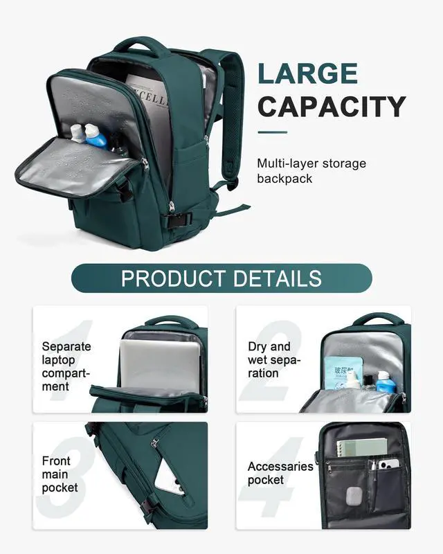 Alt view image 4 of 5 - Travel Backpack Women,Carry On Backpack Flight Approved 18x14x8 inches Bag Spirit Airlines Personal ltem,College Sports Hiking Rucksack Waterproof Outdoor Casual Daypack Laptop Blackpack,Peacock Blue