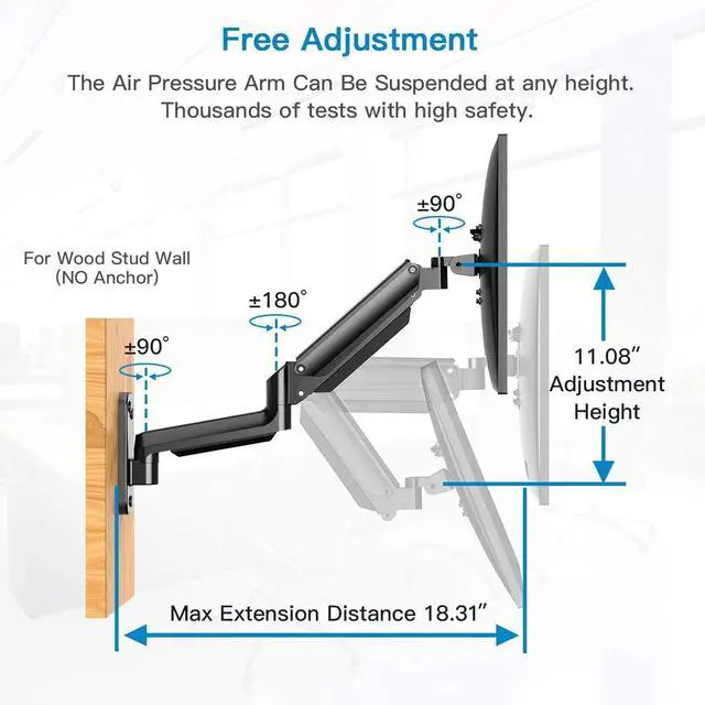 Alt view image 2 of 5 - HUANUO Single Monitor Wall Mount for 13 to 32 Inch Computer Screen, Monitor Wall Mount Arm Holds up to 17.6lbs, Height Adjustable Full Motion Gas Springcore Wall Monitor Mount-VESA Mount 75x75,100x100