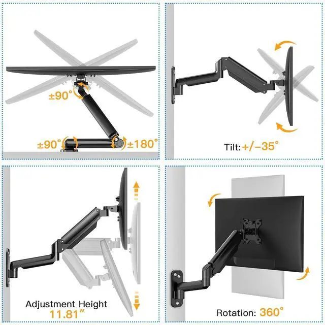 Alt view image 4 of 5 - HUANUO Single Monitor Wall Mount for 13 to 32 Inch Computer Screen, Monitor Wall Mount Arm Holds up to 17.6lbs, Height Adjustable Full Motion Gas Springcore Wall Monitor Mount-VESA Mount 75x75,100x100