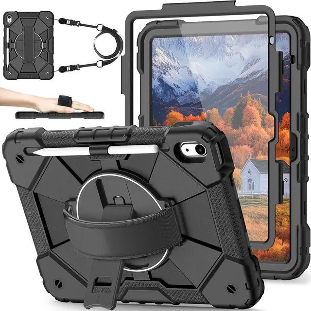 Main image of Nitupai Case for iPad 10th Generation 10.9 Inch 2022 / iPad A16 Case 11 Inch 2025 with Screen Protector 10th Gen Cover for Kids Pencil Holder 360° Rotating Stand Shoulder Strap, Black Black