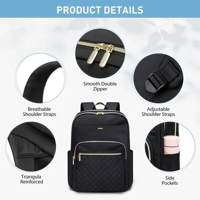 Alt view image 5 of 5 - VNINE Laptop Backpack for Women Fits 16 Inch Travel Computer Bag Ladies Stylish Travel Bags Womens Fashion Bag for Business Bags Casual Daypacks Black