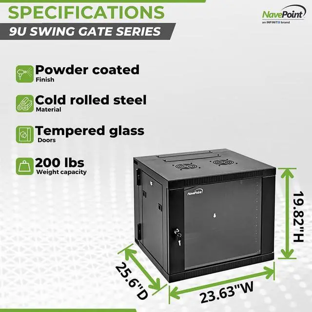 Alt view image 4 of 5 - NavePoint Server Cabinet with Hinged Back - 25.5' Deep, 9U Rack Enclosure with Locking Glass Door, Wall Mount Rack with Removable Side Panels, Network Cabinet with 2 Fans, Pre-Assembled