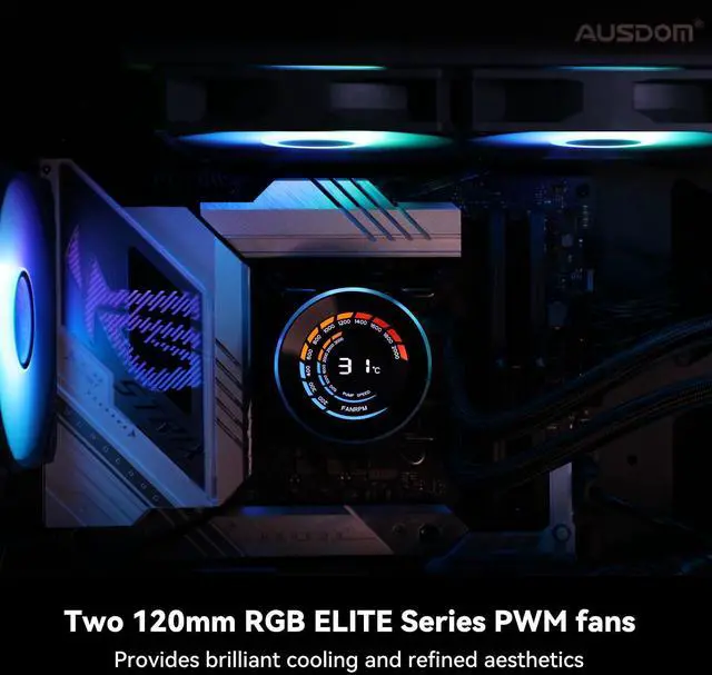 Alt view image 2 of 5 - AUSDOM CPU AIO Liquid Cooler 240mm RGB, 2×120mm PWM Fans Water Cooling System, Compatible with Intel & AMD, Enhanced Cooling Performance, Easy Installation, Quiet Operation