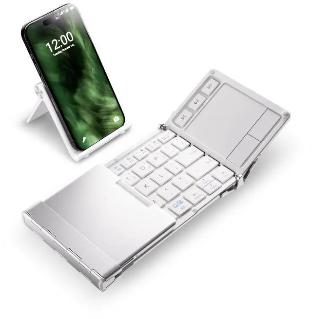Main image of iClever Bluetooth Keyboard with Touchpad, Foldable Keyboard, Metal Body, Gesture Support, USB-C Charge, Pocket-Size Wireless for Travel, iPad, iPhone, Android, Windows, Silver White