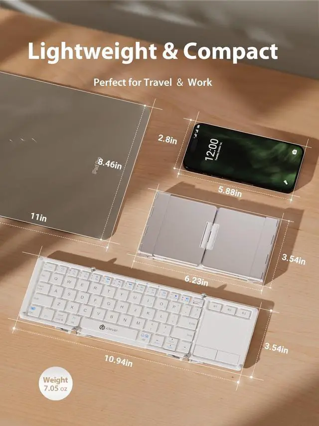 Alt view image 5 of 5 - iClever Bluetooth Keyboard with Touchpad, Foldable Keyboard, Metal Body, Gesture Support, USB-C Charge, Pocket-Size Wireless for Travel, iPad, iPhone, Android, Windows, Silver White