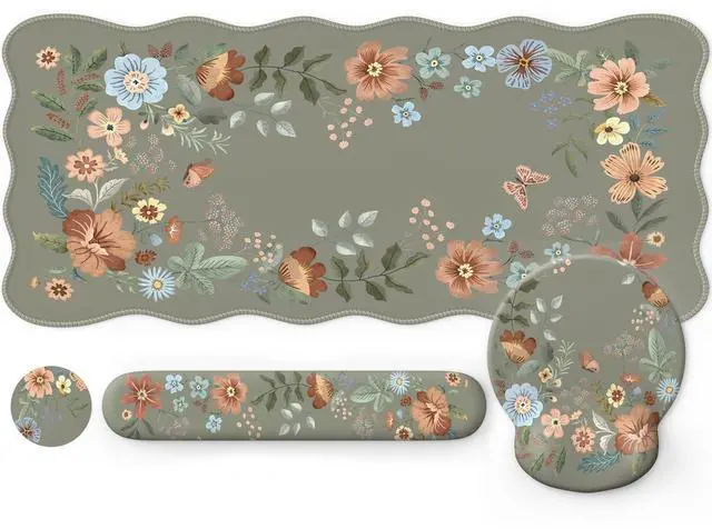 Main image of iLeadon Mouse Pad Set, Non-Slip Desk Mat for Keyboard and Mouse, Mouse Pad with Wrist Support Set for Women, Wrist Pad for Keyboard, Floral Desk Mat for Home Office (Green)