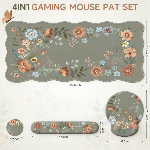 Alt view image 2 of 5 - iLeadon Mouse Pad Set, Non-Slip Desk Mat for Keyboard and Mouse, Mouse Pad with Wrist Support Set for Women, Wrist Pad for Keyboard, Floral Desk Mat for Home Office (Green)