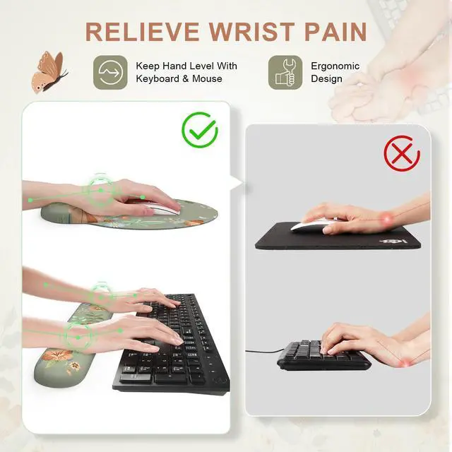 Alt view image 3 of 5 - iLeadon Mouse Pad Set, Non-Slip Desk Mat for Keyboard and Mouse, Mouse Pad with Wrist Support Set for Women, Wrist Pad for Keyboard, Floral Desk Mat for Home Office (Green)