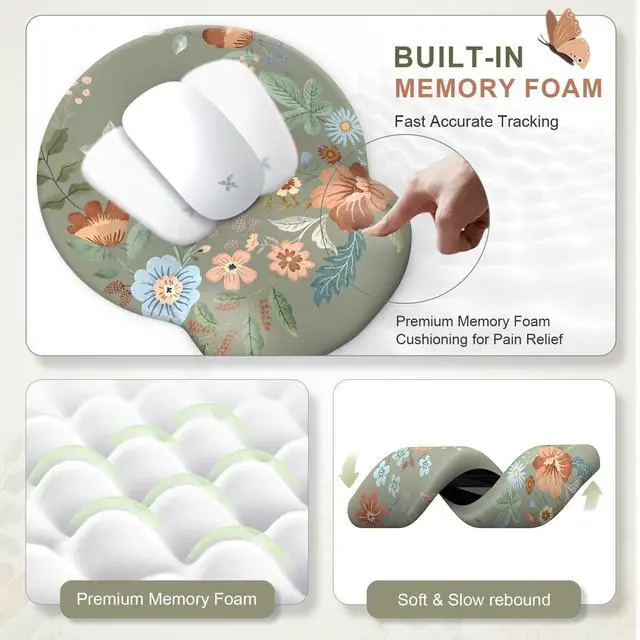 Alt view image 4 of 5 - iLeadon Mouse Pad Set, Non-Slip Desk Mat for Keyboard and Mouse, Mouse Pad with Wrist Support Set for Women, Wrist Pad for Keyboard, Floral Desk Mat for Home Office (Green)