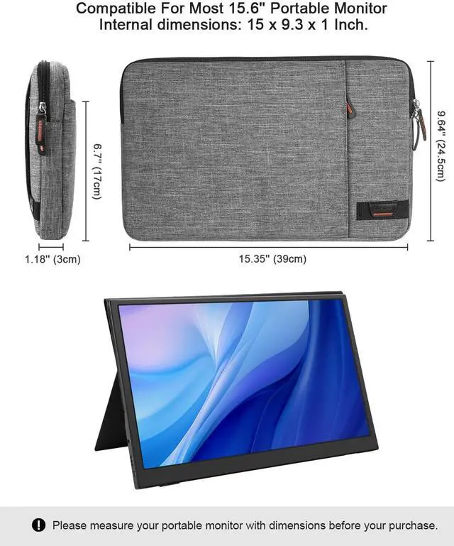 Alt view image 5 of 5 - Losong Portable Monitor Case 16.1 Inch,Protective Padded Sleeve Compatible with Arzora Uperfect AOC KYY 15.6-16.1" Portable Monitor,Travel Bag with 2 Accessory Pocket,Size-15.7"x10.2",Gray