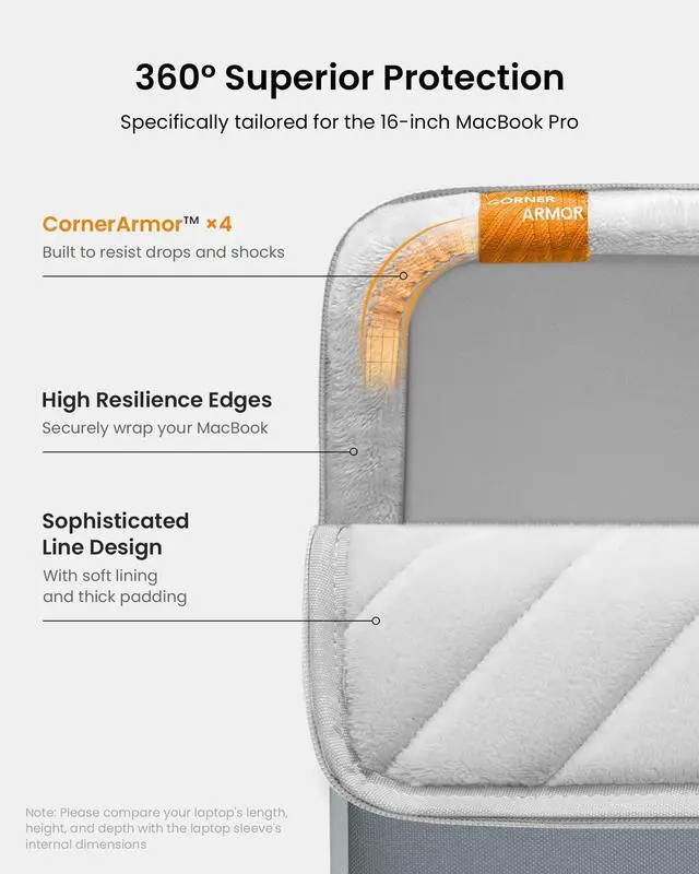 Alt view image 5 of 5 - tomtoc 360° Protective Laptop Sleeve for 16-inch MacBook Pro M4/M3/M2/M1 Pro/Max A3403 A3186 A2991 A2780 A2485 A2141 2024-2019, Dell XPS 16 Laptop, Water-Resistant MacBook Case with Accessory Pocket