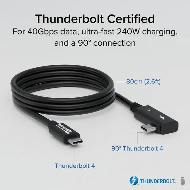 Alt view image 2 of 5 - Plugable Thunderbolt 4 Cable Right Angle 40Gbps with 240W EPR Charging, 8K Display, Intel Certified 2.6 Feet (80CM) Compatible with USB4, Thunderbolt 3, USB C, iPad, MacBook, Windows (TBT4-240W-80CMR)