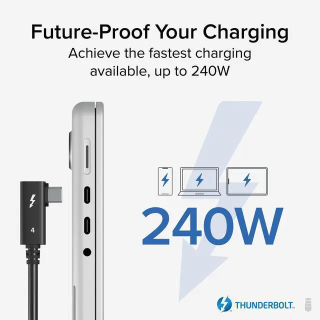 Alt view image 5 of 5 - Plugable Thunderbolt 4 Cable Right Angle 40Gbps with 240W EPR Charging, 8K Display, Intel Certified 2.6 Feet (80CM) Compatible with USB4, Thunderbolt 3, USB C, iPad, MacBook, Windows (TBT4-240W-80CMR)