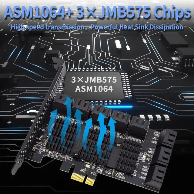 Alt view image 3 of 5 - ACTIMED PCIe SATA 16 Port Expansion Card - 6 Gbps SATA 3.0 Controller, Low Profile Bracket, Supports 16 SATA3 Devices, Compatible with Windows, MAC, Linux
