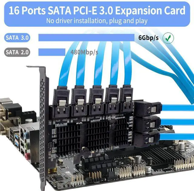 Alt view image 2 of 5 - ACTIMED PCIe SATA 16 Port Expansion Card - 6 Gbps SATA 3.0 Controller, Low Profile Bracket, Supports 16 SATA3 Devices, Compatible with Windows, MAC, Linux