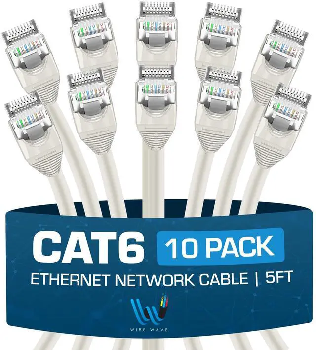 Main image of WIRE WAVE Cat6 Ethernet Cable (10-Pack - 5 Feet - White) - High Speed 24AWG Bump Boot, Cat6 RJ45 Internet LAN Patch, Network Cable. Computer Cord, Gaming