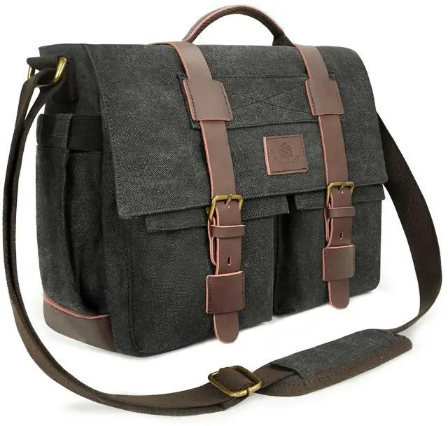 Main image of densata Messenger Bag for Men,13-14-15.6 Inch Laptop Bag, Vintage Abrasion-resistant Canvas Satchel Bag, Leather Briefcase for School Work Travel (Black)