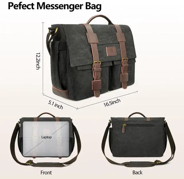 Alt view image 2 of 5 - densata Messenger Bag for Men,13-14-15.6 Inch Laptop Bag, Vintage Abrasion-resistant Canvas Satchel Bag, Leather Briefcase for School Work Travel (Black)