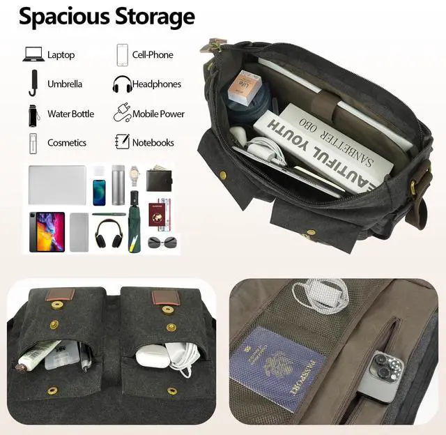 Alt view image 4 of 5 - densata Messenger Bag for Men,13-14-15.6 Inch Laptop Bag, Vintage Abrasion-resistant Canvas Satchel Bag, Leather Briefcase for School Work Travel (Black)