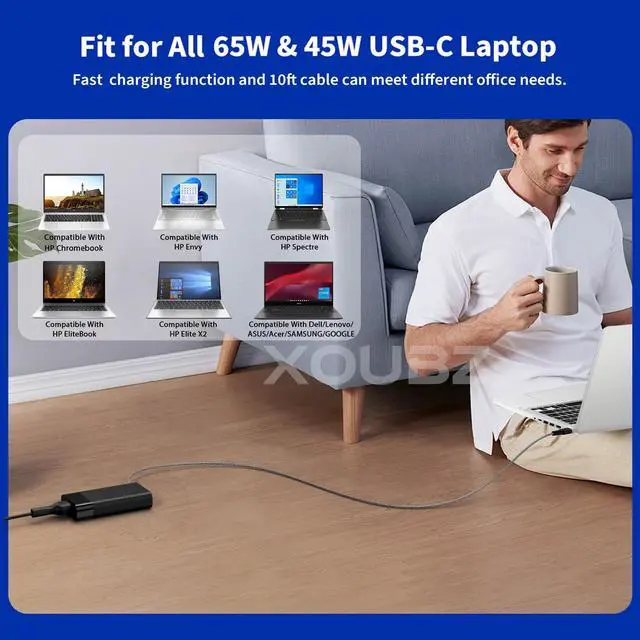 Alt view image 5 of 5 - XOUBZ New Slim 65W USB C Laptop Charger Replacement for HP Envy X360,Spectre X360,Elitebook,Elitebook X360,Chromebook,Pavilion,Elite x2 Travel Type C Laptop Power Adapter