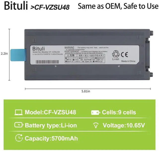 Alt view image 2 of 5 - Bituli CF-VZSU48 Laptop Battery Replacement for Panasonic Toughbook CF-19 CF19 MK1 MK2 MK3 MK4 MK5 MK6 MK7 MK8 Series CF-VZSU48U CF-VZSU28 CF-VZSU48R CF-VZSU50 CF-VZSU58U 10.65V 58Wh