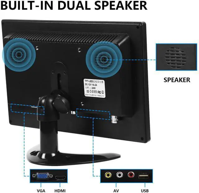 Alt view image 5 of 5 - 10.1 Inch Small Monitor, Raspberry Pi Monitor Built-in Speakers, Mini Monitor 1280 x 800, HDMI Monitor 60 Hz, 3ms, IPS Screen Display w/Remote Control, HDMI VGA AV BNC Input (10.1 inch- 1280x800P)