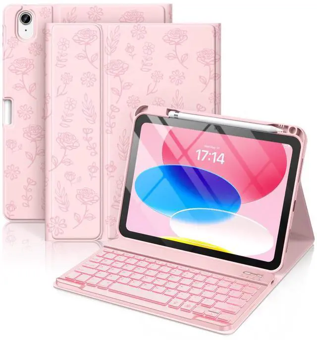 Main image of Hamile for iPad 11th 10th Generation Case with Keyboard - 7 Colors Backlit Wireless Detachable Folio Keyboard Cover with Pencil Holder for iPad A16 11-inch 2025 10th Gen 10.9 Inch 2022 (Pink Rose)