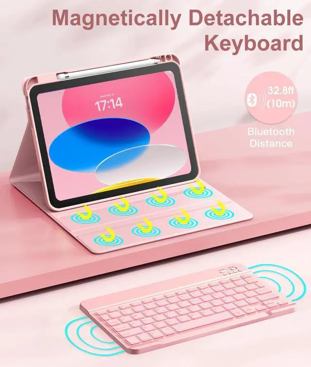 Alt view image 4 of 5 - Hamile for iPad 11th 10th Generation Case with Keyboard - 7 Colors Backlit Wireless Detachable Folio Keyboard Cover with Pencil Holder for iPad A16 11-inch 2025 10th Gen 10.9 Inch 2022 (Pink Rose)