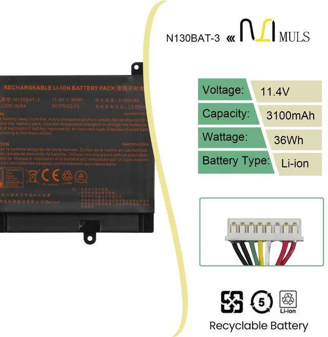 Alt view image 2 of 5 - N130BAT-3 Laptop Battery for Clevo B1301 N130BU N130WU N131BU N131WU NP3130 Tuxedo System76 Galago Pro InfinityBook Pro 13 V2 HAIER lingyue S4 Sager NP3132 NP3141 NP3145 NP3146 NP3155 NP3156 36Wh