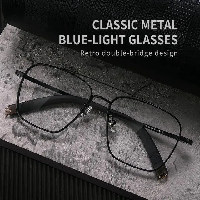 Alt view image 2 of 5 - PRIVOZA Oversized Blue Light Blocking Glasses for Men Double Bridge Retro Metal Eyeglasses/Gaming Glasses UV400 Protection (Black)