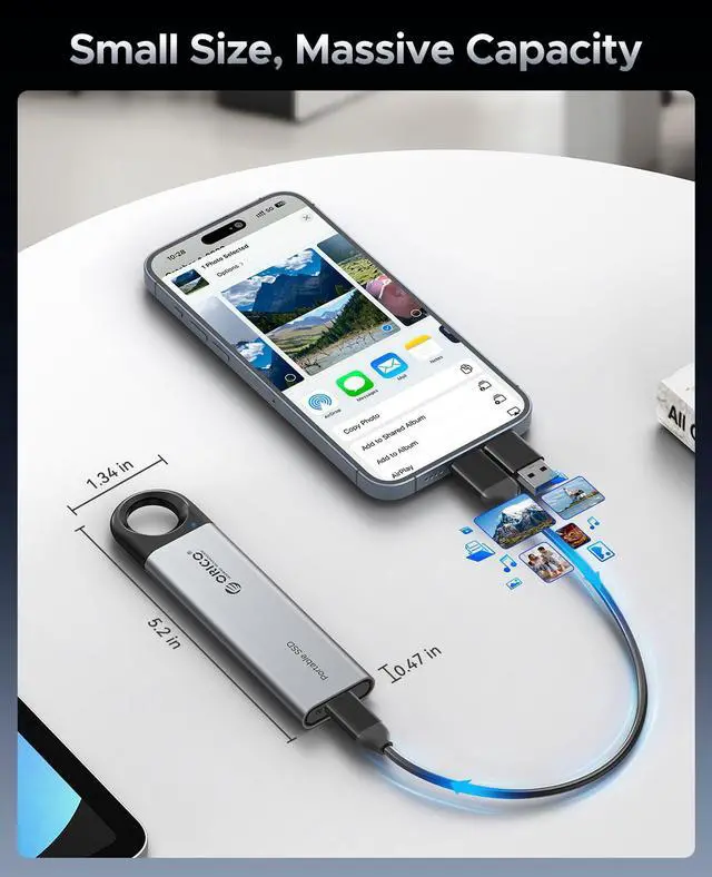 Alt view image 2 of 5 - ORICO 4TB Portable SSD, Up to 460MB/s Speed External Solid State Drive, Hanging Hook Design, Plug & Play, USB-C & A 2-in-1 Cable, Portable Storage for Type-C Smartphones, Tablets, Laptops - C5C5