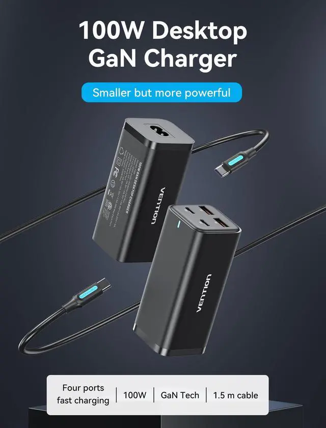 Alt view image 2 of 5 - MacBook Pro Charger 100W, VENTION MacBook USB C Charger 4-Ports Foldable GaN+ Charger Power Adapter for MacBook Pro/Air, iPad Pro,iPhone 15/14 Pro, Galaxy S23/S24 Ultra, Steam Deck, Google Pixelbook
