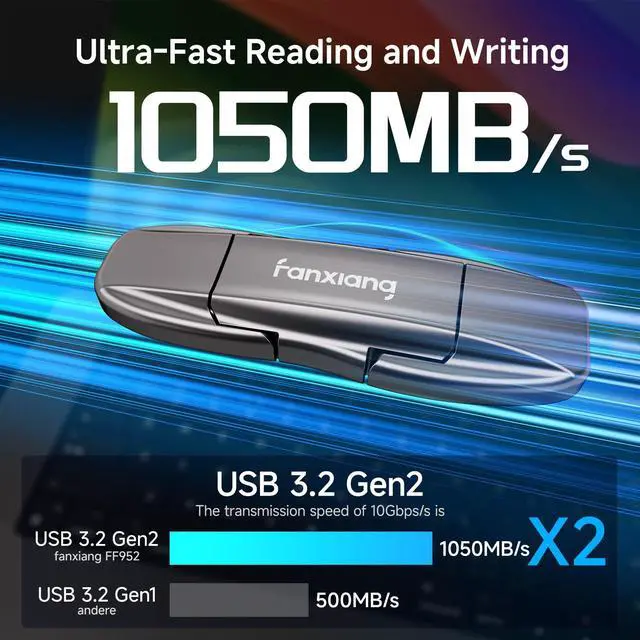 Alt view image 2 of 5 - fanxiang Flash Drive 1TB, USB 3.2 Gen2 Up to 1050MB/s, USB Drive, USB A + Type C External Portable SSD for iPhone 15/Pro/Android Phone/Windows/MacPC/Laptops, FF952