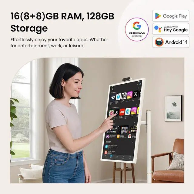 Alt view image 3 of 5 - ApoloSign 32 Inch FHD Smart Portable TV 2nd Gen, 16(8+8) GB RAM+128GB, Android 14, EDLA-Certified, Rolling Tablet TV on Wheels, Built-in 9300mAh Battery, Full Swivel Rotation, Voice Remote Control