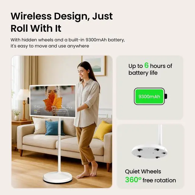 Alt view image 4 of 5 - ApoloSign 32 Inch FHD Smart Portable TV 2nd Gen, 16(8+8) GB RAM+128GB, Android 14, EDLA-Certified, Rolling Tablet TV on Wheels, Built-in 9300mAh Battery, Full Swivel Rotation, Voice Remote Control