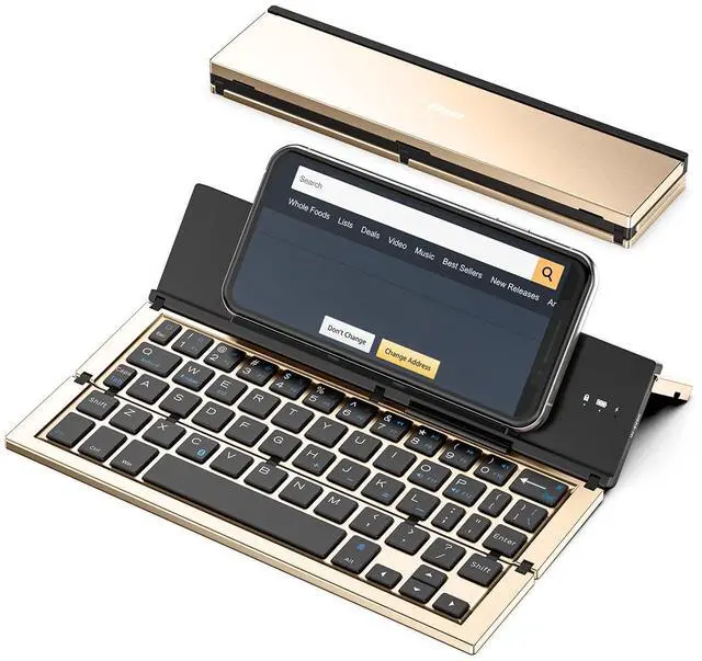 Main image of Geyes Folding Bluetooth Keyboard, Wireless Foldable Keyboard with Portable Pocket Size, Aluminum Alloy Housing, Carrying Pouch, for iPad, iPhone, and More Tablets, and Smartphones(Gold)