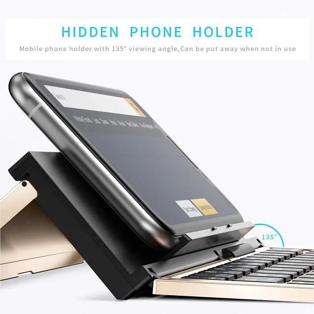 Alt view image 2 of 5 - Geyes Folding Bluetooth Keyboard, Wireless Foldable Keyboard with Portable Pocket Size, Aluminum Alloy Housing, Carrying Pouch, for iPad, iPhone, and More Tablets, and Smartphones(Gold)