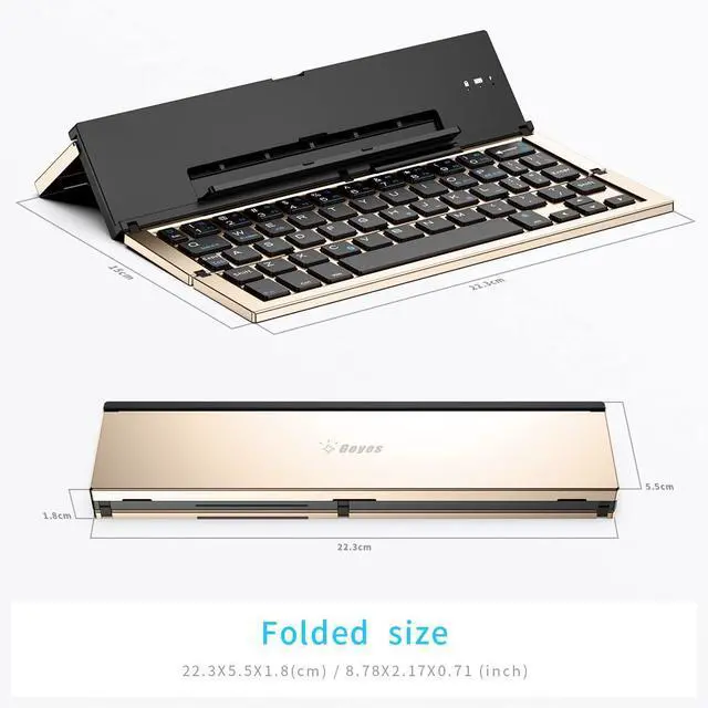 Alt view image 4 of 5 - Geyes Folding Bluetooth Keyboard, Wireless Foldable Keyboard with Portable Pocket Size, Aluminum Alloy Housing, Carrying Pouch, for iPad, iPhone, and More Tablets, and Smartphones(Gold)