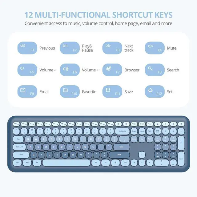 Alt view image 4 of 5 - Fogruaden Quiet Blue Wireless Keyboard and Mouse, 2.4GHz Retro Cute Typewriter-Style Full-Size Colorful Keyboard and Mouse Combo, Slim Design, Low-Noise Typing for Home, Office, Windows PC, Laptop