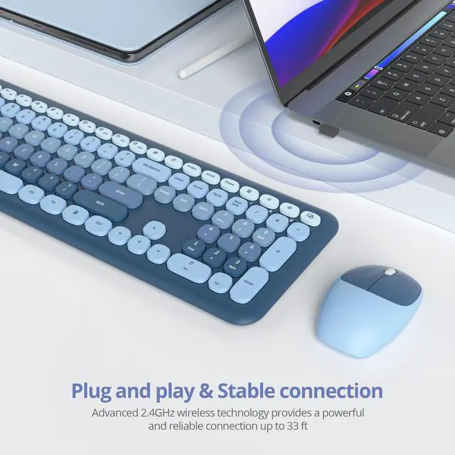 Alt view image 2 of 5 - Fogruaden Quiet Blue Wireless Keyboard and Mouse, 2.4GHz Retro Cute Typewriter-Style Full-Size Colorful Keyboard and Mouse Combo, Slim Design, Low-Noise Typing for Home, Office, Windows PC, Laptop